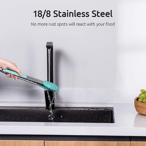 Kitchen Tongs, U-Taste 7/9/12 inches Cooking Tongs, with 600ºF High Heat-Resistant Non-Stick Silicone Tips, 18/8 Stainless Steel Handle, for Food Grill, Salad, BBQ, Frying, Serving, Pack of 3(Teal)